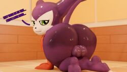 16:9 2023 anthro asriren balls bandai_namco big_balls big_butt blender_(artwork) butt dialogue digimon digimon_(species) digital_media_(artwork) english_text femboy genitals green_eyes half-closed_eyes hi_res huge_butt impmon looking_at_viewer male narrowed_eyes purple_body purple_skin solo text thick_thighs wide_hips widescreen