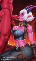 sleen ai_generated self_upload 1girls female 1boy male faceless_male 1boy1girl straight mature_female breasts big_breasts busty curvy cleavage clothing clothed clothed_female clothed_female_nude_male cfnm blowjob fellatio oral kneeling kneeling_oral_position kneeling_female league_of_legends vi vi_(league_of_legends) demon_vi crop_top cropped_jacket demon demon_boy demon_girl demon_horns horns hell pink_skin