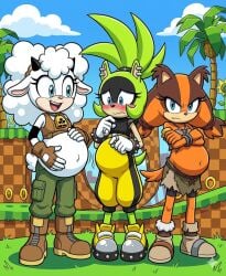 3girls 3pregnancy ai_generated angry anthro blue_eyes enjoying_pregnancy female furry green_fur happy happy_female horny_female lanolin_the_sheep multiple_expressions multiple_girls multiple_pregnancies orange_fur pregnant pregnant_anthro pregnant_belly pregnant_female sega sharp_teeth sharp_teeth_female sheep sheep_girl sonic_(series) sonic_boom sonic_the_hedgehog_(series) sticks_the_badger surge_the_tenrec upset upset_female