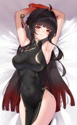 lingsha_(honkai:_star_rail) honkai:_star_rail honkai_(series) hoyoverse mihoyo brown_hair brown_eyes long_hair very_long_hair breasts big_breasts large_breasts mature_female 1girls female matrix16 dress black_dress lying lying_on_back lying_on_bed arms_up armpits variant_set