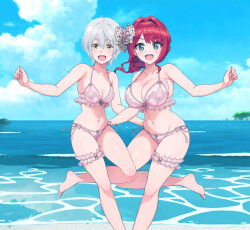 2girls kikuchi_fuuka silver_hair green_eyes short_hair string_bikini pink_bikini garter standing looking_at_viewer medium_breasts cleavage bare_legs bare_shoulders collarbone smiling blushing beach sakimiya_iruka red_hair large_breasts side_ponytail
