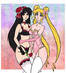 2girls arm arms arms_around_waist art asymmetrical_docking bare_legs bare_shoulders bishoujo_senshi_sailor_moon black_bra black_gloves black_hair black_panties blonde_hair blue_eyes blush bow bowtie bra breast_press breasts bustier choker cleavage collarbone corset double_bun drill_hair earrings elbow_gloves female female_only flower friends garter_belt garter_straps gloves hair_bun hair_ornament hair_ribbon holding hug human large_breasts legs leotard lingerie lips lipstick looking_at_viewer midriff multiple_females navel neck necklace panties pink_gloves pink_lipstick purple_eyes red_lipstick red_rose rei_hino ribbon ribbon_choker rose rose_in_hair smile standing stockings strapless thehappylandfill thighhighs tied_hair twin_drills twintails usagi_tsukino very_long_hair white_thighhighs yuri