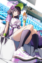 1girl ? apple_green_clothing backpack_removed bangs baseball_cap black_socks blue_archive blurry_foreground chest_belt chromatic_aberration clothed clothed_female depth_of_field dong_(wandong44944) dutch_angle dynamic_angle eating english_text female flower_in_hair food food_wrapper footwear halo headwear holding_food hotdog light-skinned_female light_skin long_hair long_socks low-angle_view platform_footwear purple_clothing purple_eyes purple_halo purple_rose question question_mark rose_in_hair running_shoes sfw shoelaces short_sleeves sidelocks sitting skinny skinny_female slim socks solo sumire_(blue_archive) sumire_(part-time)_(blue_archive) thick_thighs worm's-eye_view wristband wristwear