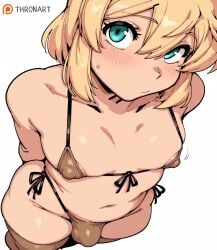 thronart ai_generated 1boy femboy 1femboy male male_focus solo solo_focus solo_femboy blonde_hair aqua_eyes blush_lines looking_at_viewer nervous areola_slip side-tie_bikini brown_bikini highleg_bikini plump wide_hips thick_thighs huge_ass bulge thighhighs brown_thighhighs bridget bridget_(guilty_gear) guilty_gear