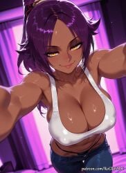 1girl 2026 ai_generated anime armpits bangs bare_shoulders black_panties bleach bleach:_the_thousand-year_blood_war boobs breasts cleavage collarbone covered_nipples crossover curtains dark-skinned_female dark_skin denim eye_contact female female_focus highres huge_breasts indoors inside jeans large_breasts leaning_forward long_hair looking_at_viewer midriff navel nsfw outstretched_arms panties pants parted_bangs patreon patreon_username ponytail purple_hair rognezart seductive_smile shihouin_yoruichi shiny shiny_skin smile smiling solo sweat sweaty tank_top thigh_gap thong underwear very_long_hair watermark white_tank_top yellow_eyes