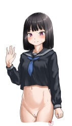 1girl \||/ arm_at_side artist_name black_hair black_sailor_collar black_serafuku blue_neckerchief blunt_bangs blunt_ends blush bob_cut bottomless breasts cleft_of_venus closed_mouth commentary cropped_legs curled_fingers embarrassed exhibitionism hallway highres hip_bones light_smile loose_hair_strand motion_lines navel neckerchief nervous nervous_sweating original public_indecency purple_eyes pussy pussy_juice ringed_eyes ryuuzou sailor_collar school_uniform serafuku signature simple_background small_breasts speech_bubble spoken_character standing sweat waving white_background