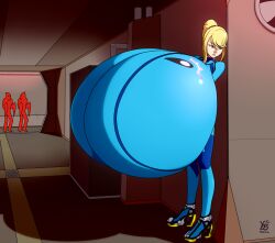 1girls 2boys alternate_breast_size arms_crossed arms_crossed_under_breasts beauty_mark blonde_hair blue_eyes bodysuit breast_expansion gigantic_breasts high_heels huge_breasts hyper hyper_breasts long_hair massive_breasts metroid nintendo ponytail samus_aran skintight_bodysuit sneaky space_pirate tight_clothing ydbunny zero_suit zero_suit_samus