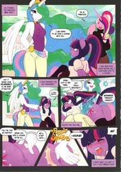 3girls blush clothing comic_page english_text equine female friendship_is_magic hair horse leche legwear magic mammal my_little_pony over_the_knee_spanking pony princess_cadance_(mlp) princess_celestia_(mlp) pussy pussy_juice pussy_juice_drip royal_spanking spanking text tongue tongue_out twilight_sparkle_(mlp) two_tone_hair yuri