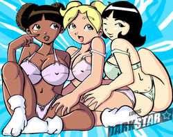 3girls ass black_eyes black_hair blonde_hair blue_eyes bra breasts cartoon_network clothes dark-skinned_female dark_skin dee_dee_(dexter's_laboratory) dexter's_laboratory erect_nipples female female_only human lee_lee lingerie louis_darkstar mee_mee multiple_females nipples pigtails short_hair smiling thong underwear wink