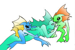 1girls 2boys black_eyes blizzard_entertainment blue_penis blue_skin fellatio female fins green_penis green_skin male murloc murloc_male naga naga_(warcraft) oral sharp_teeth simple_background threesome warcraft webbed_feet webbed_hands white_background world_of_warcraft