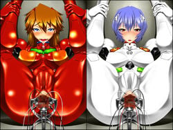 2girls asuka_langley_sohryu blue_hair blush bodysuit breasts censored clothing female human interface_headset large_breasts light-skinned_female light_skin long_hair neon_genesis_evangelion orange_hair pale-skinned_female pale_skin pilot_suit plugsuit rei_ayanami short_hair tagme tetsuwan_comsou