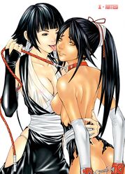 2girls bleach bondage bound_wrists breasts cleavage collar dark-skinned_female dark_skin doujinshi female female_only gloves hakama hasumi_hiro highres interracial japanese_clothes leash licking multiple_girls nipples ponytail separated_wrists shihouin_yoruichi soifon tied_hair torn_clothes twintails yuri