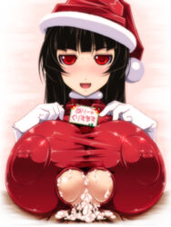 black_hair blush breasts censored cum cum_on_breasts female gloves hat huge_breasts katsuki_yousuke nipples open_mouth paizuri paizuri_under_clothes penis penis_under_clothes pov pubic_hair red_eyes santa_costume santa_hat shiny smile