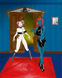 2girls anna_marie blacktoe blue_skin brown_hair choker collar exposed_pussy femdom femsub fully_clothed fully_clothed_female functionally_nude functionally_nude_female green_eyes humiliated humiliation leash leash_and_collar leash_pull light-skinned_female light_skin marvel marvel_comics multicolored_hair multiple_girls mutant mystique nipple_slip pussy raven_darkholme red_hair rogue_(evolution) rogue_(x-men) shoulder_length_hair straight_hair superheroine supervillain supervillainess two_tone_hair white_hair white_streak x-men x-men_evolution yellow_eyes yellow_sclera