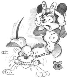 alternate_body_type alternate_breast_size anthro breasts canine dildo disney dog female fur furry furry_only gloves male minnie_mouse monochrome mouse nipples nude pluto public_domain pussy sex_toy traditional_media_(artwork)