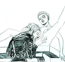 2girls black_and_white borg_(species) clothed clothed_female clothed_female_nude_female cunnilingus female human humanoid implants kathryn_janeway nude nude_female seven_of_nine star_trek star_trek_voyager yuri