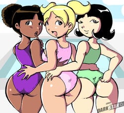 3girls ass back black_eyes black_hair blonde_hair blue_eyes brown_hair cartoon_network dark-skinned_female dark_skin dee_dee_(dexter's_laboratory) dexter's_laboratory female female_only finger_to_mouth green_one-piece_swimsuit green_swimsuit human lee_lee louis_darkstar medium_breasts mee_mee multiple_girls one-piece_swimsuit open_mouth pink_swimsuit purple_swimsuit short_hair smile standing swimsuit text twintails