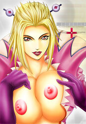 blonde_hair breast_press breasts_out final_fantasy final_fantasy_x final_fantasy_x-2 gloves hair_ornament high_collar leblanc_(final_fantasy) lipstick lucretia pointy_chin spiky_hair square_enix