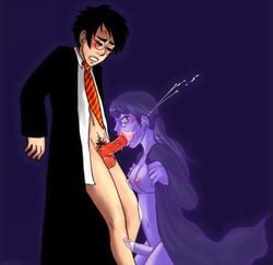 1boy 1futa breasts clothing cum edit fellatio futanari ghost ghost_girl glasses harry_james_potter harry_potter intersex kneeling male_focus male_on_futa moaning_myrtle nipples oral penis pubic_hair red_penis robe side_view standing veiny_penis