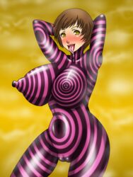 1girls armpits arms_up atlus blush bodysuit breasts brown_hair cameltoe huge_breasts lipstick looking_at_viewer my_(mitinaka) persona persona_4 red_lipstick saliva satonaka_chie sega shadow_(persona) shadow_chie shadow_self_(persona) tongue tongue_out yellow_eyes