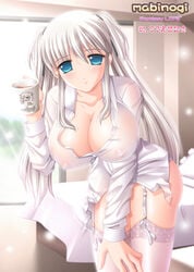 breasts bursting_breasts cleavage dress_shirt garter_belt hair_ribbon highres huge_breasts kafu lace lace-trimmed_thighhighs lingerie long_hair mabinogi nao nipples panties ribbon see-through shirt silver_hair smile thighhighs tied_hair twintails unbuttoned underwear white_legwear white_thighhighs