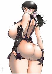 apron ass ass_grab ass_support bare_shoulders big_ass big_breasts black_hair blue_eyes blush bow breasts cattleya color comic curvy dat_ass elbow_gloves g-string glasses gloves hands_on_ass hips huge_ass huge_breasts large_breasts lip_van_winkle looking_back mature_female milf mother naked_apron open_clothes panties plump ponytail queen's_blade round_ass short_hair sideboob thick_thighs thighs thong tied_hair underwear watermark wide_hips