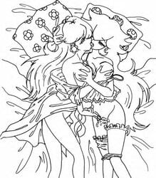 00s 2000s black_and_white empty_(artist) female female_only human mario_(series) multiple_females nintendo princess_daisy princess_peach straight_hair yuri