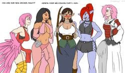 1girls 4futas aishtha_(aishtha) athorment athorment_oc blush bulge cameltail caption cinnola_(wizard_sairia) cleavage elf flaccid futanari harpy imminent_sex intersex kili_(pasted) large_breasts multiple_futa pointy_ears serruhana_(king_crimson) zatyr_(athorment)