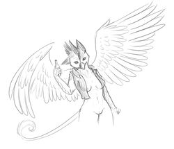 anthro anthrofied avian beak bottle clothing female gryphon looking_at_viewer nude nyxapnea plain_background shirt sketch solo white_background wings