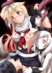 2girls abyssal_ship airfield_hime areolae bad_id blonde_hair breast_grab breasts gag gagged gradient_hair hair_flaps hair_ribbon highres horns kantai_collection long_hair medium_breasts multicolored_hair multiple_girls navel nipples orange_hair panties pink_eyes red_eyes ribbon shinkaisei-kan tentacle torn_clothes underwear wet_panties white_hair white_skin yopparai_oni yuudachi_(kantai_collection)