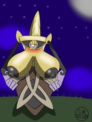 2014 aegislash big_breasts blush breasts clothed clothing crockwad eyelashes female female_only flashing grass huge_breasts huge_nipples moonlight night nintendo nipples pokemon pokemon_xy solo sword tight_clothing undressing weapon