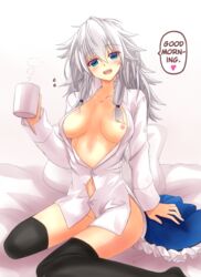 black_legwear blue_eyes blush bottomless breasts cup dress_shirt female hard_translated highres large_breasts long_hair looking_at_viewer messy_hair mickey_dunn mug navel nipples open_mouth pubic_hair sakuya_izayoi shirt silver_hair sitting skirt skirt_removed smile solo thighhighs touhou translated