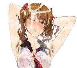 armpit_hair armpits arms_up blush breasts brown_eyes brown_hair cum cum_on_clothes cum_on_hair cum_on_upper_body facial female female_armpit_hair hands_behind_head ishii_takamori looking_at_viewer medium_breasts necktie original solo sweat sweat_stain white_background