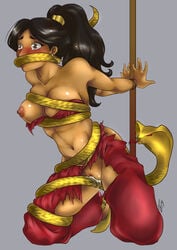 aladdin arabian_clothes black_hair bondage bound_wrists breasts brown_eyes covered_mouth dark_skin disney disney_princess earrings female gag gagged harem_outfit improvised_gag large_breasts nipples princess_jasmine pussy pussy_juice restrained snake staff tears tetisuka torn_clothes