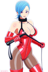 1girls 2d aqua_hair blue_hair boots breasts cleavage dominatrix elbow_gloves enkaboots female gloves hair human large_breasts latex leather leotard pantyhose red_eyes see-through short_hair skin_tight solo text watermark whip white_background