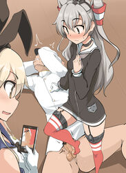 /\/\/\ 1boy 2girls admiral_(kantai_collection) amatsukaze_(kantai_collection) ballbusting blonde_hair blush brown_eyes choker clothed_female_nude_male cock_and_ball_torture garter_straps gloves grey_hair hair_tubes hand_on_own_chest highres kantai_collection long_hair momio multiple_girls no_shoes penis red_legwear sailor_dress shimakaze_(kantai_collection) single_glove stepped_on testicles two_side_up white_gloves