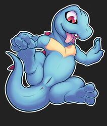 2014 anus arm_support crododile exposed fangs female feral hindpaw nintendo paws pokemon pussy reclining red_eyes smile solo spines spread_legs spreading thesecretcave tongue tongue_out totodile video_games