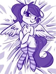 blush equine horse krucification legwear looking_at_viewer mammal monochrome my_little_pony original_character pegasus pony ponytail pussy stockings tied_hair wings