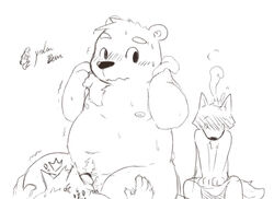 bear canine chubby eyebrows fellatio kemono male male_only mammal monochrome moobs nude oral oral_sex plain_background polar_bear sex sitting size_difference sketch stevenlew sweat towel trembling white_background