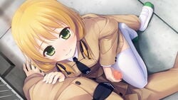 blonde_hair breasts censored feet female from_above game_cg green_eyes handjob highres kazami_haruki long_hair looking_at_viewer medium_breasts penis satsukoi_yuukyuu_naru_koi_no_uta school_uniform shoes sitting skirt smile white_legwear