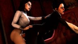 3d animated bioshock bioshock_infinite black_hair bouncing_breasts burial_at_sea clothed_sex crossover dickgirl dishonored elizabeth_comstock elizabeth_comstock_(burial_at_sea) erection female from_behind futa_on_female futanari hair intersex jessamine_kaldwin large_penis no_panties nyl2 penis sex shirt source_filmmaker