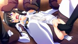 ayanokouji_aoi black_hair blood censored clothing female foot_insertion foot_on_head game_cg makai_tenshi_djibril makai_tenshi_djibril_4 open_mouth purple_eyes solo_focus tagme torn_clothes violence virgin virginal_blood