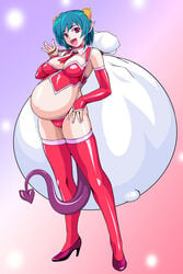 bag breasts carrera christmas clothing demon_girl green_hair high_heels horns large_breasts lingerie monster_girl muimui panties pregnant ready_to_pop red_eyes smile stockings succubus succubus_horns succubus_tail tail viper_(series) viper_gts