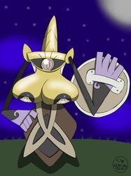 2014 aegislash big_breasts breast_squish breasts cleavage clothed clothing crockwad eyelashes female female_only grass moonlight night nintendo nipple_slip nipples pokemon pokemon_xy shield solo sword tight_clothing weapon