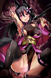 absurdres animal_ears arm_up armpits black_hair black_legwear black_leotard blush breasts clothing consensual_tentacles corruption erect_nipples female fox_ears haik hair_ornament heart heart-shaped_pupils highres large_breasts leotard leotard_aside long_hair mizu_aoi nail_polish open_mouth original penetration pink_eyes pussy red_nails restrained sex smile solo spread_legs symbol-shaped_pupils tattoo tentacle tentacle_grab tentacles_under_clothes thighhighs vaginal_penetration