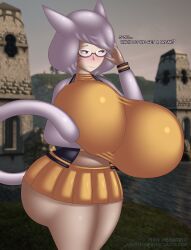 belly big_ass big_breasts blush bubble_ass bubble_butt busty cat_ears cat_girl cat_tail catgirl embarrassed english english_dialogue english_text female female_focus female_only final_fantasy final_fantasy_xiv gigantic_breasts glasses heavy_breasts holding_glasses huge_ass huge_breasts looking_away massive_breasts milf miniskirt miqo'te nirriti orange_clothing original_character pawb red_eyes talking talking_to_viewer thick_ass thick_thighs water white_hair white_tail wide_hips