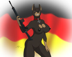 2011 anthro assault_rifle breasts brown_eyes canine collar doberman female fn_fal fur furry german_flag gun holding iron_cross looking_at_viewer mammal necklace nipples nude pose pussy ranged_weapon rifle solo spotty_the_cheetah standing uncensored weapon