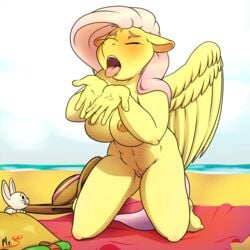 2018 5_fingers absurd_res alicorn angel_(mlp) anthro areola bag barefoot beach big_breasts blush breasts closed_eyes drooling duo equine eyebrows feathered_wings feathers female feral floppy_ears fluttershy_(mlp) friendship_is_magic hair hat hi_res horn kneeling lagomorph male mammal mr._smile my_little_pony navel nipples nude open_mouth outside pink_hair portrait pubes pussy rabbit saliva seaside signature sky solo_focus tears teeth thick_thighs tongue tongue_out towel water wings yellow_feathers