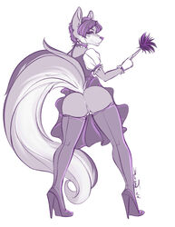 anthro ass bent_over canine demona69 female fur furry high_heels jess_(teckly) legwear looking_at_viewer looking_back maid_uniform mammal pussy solo stockings thigh_highs upskirt wolf