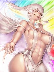 1girls abs bare_shoulders beckoning breasts cleavage clothed clothing dress erect_nipples female female_only fumio_(rsqkr) grin hourglass_figure kill_la_kill kiryuuin_ragyou large_breasts lipstick long_hair milf navel nipple_bulge orange_eyes rainbow rainbow_hair silver_hair smile solo white_dress white_hair